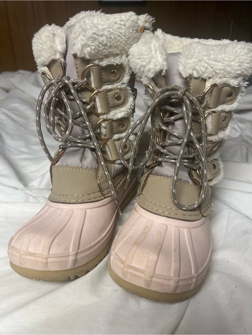 Kids Pink and Beige Winter Snow Boots with Faux-Fur Collar